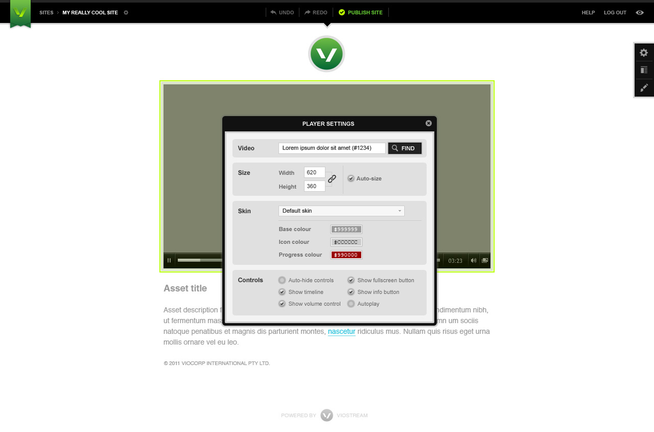 Viostream Platform player settings interface