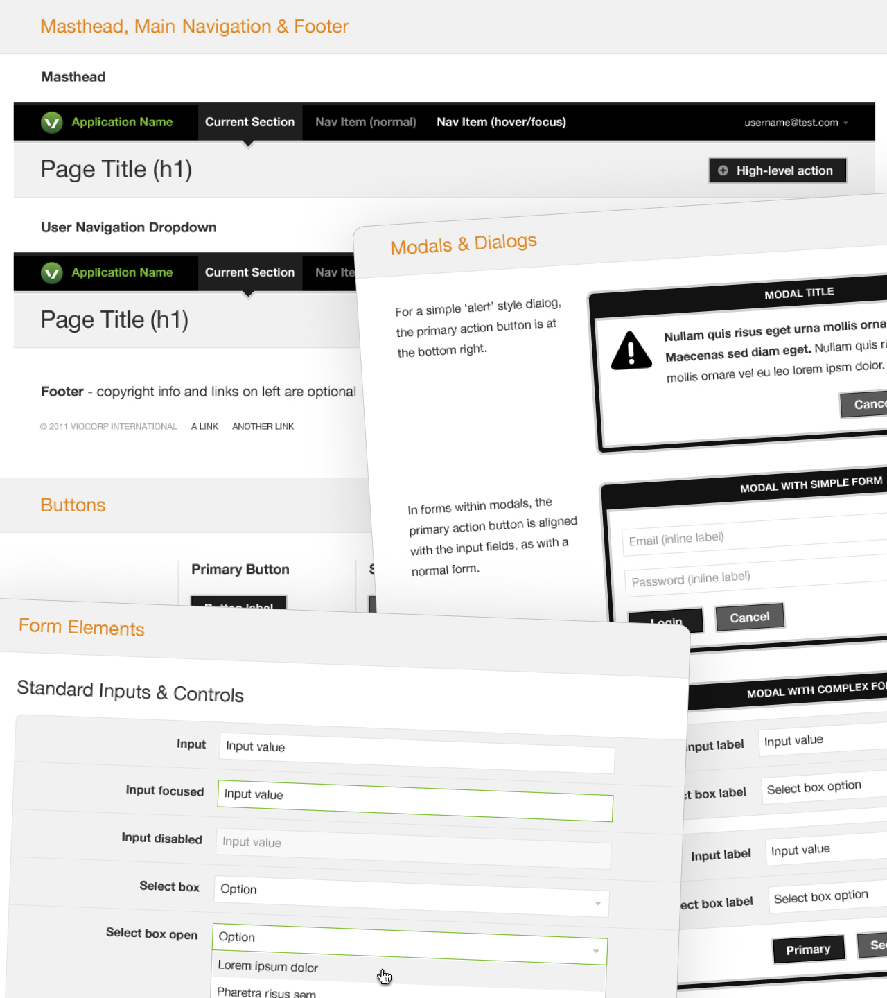 Viostream Platform masthead, navigation, and form layout examples